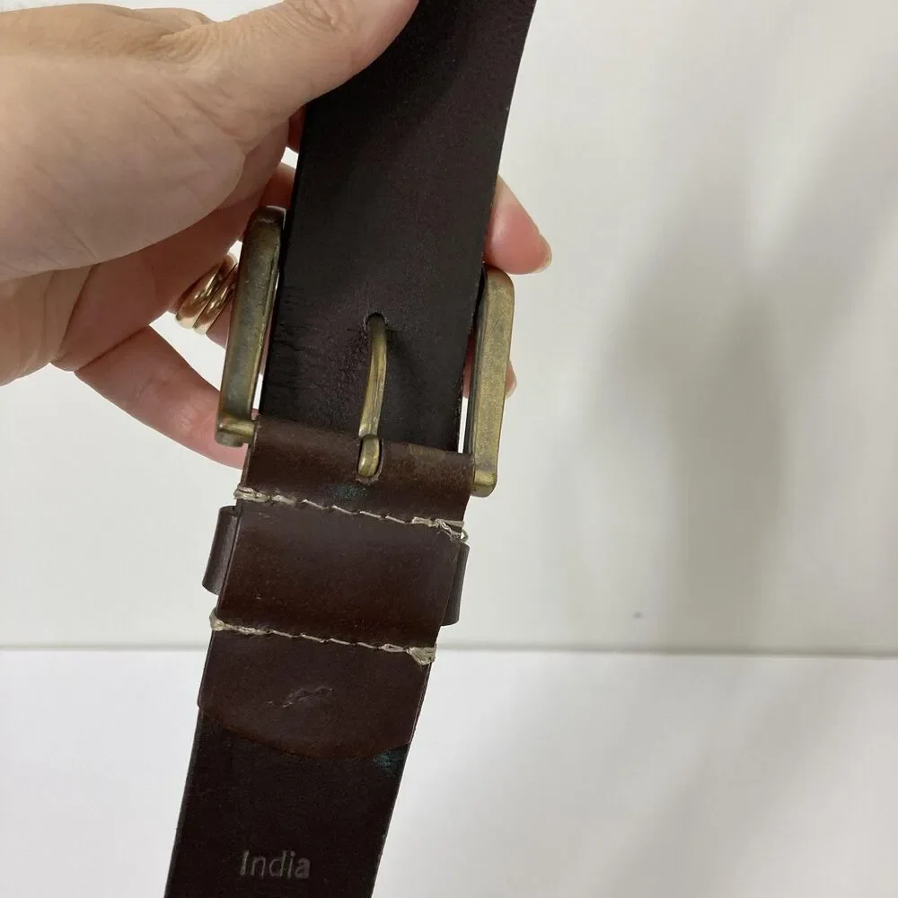Timberland Leather Belt Mens 32 Brown Antique Brass Buckle Tree Logo Casual - Picture 6 of 14